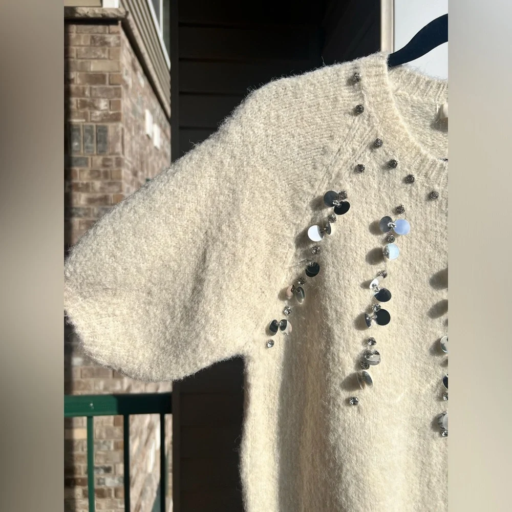 🆕🌾✨De Royal Italy Wool Alpaca Blend Sequin Cream Sweater Knit Top Holiday Size S